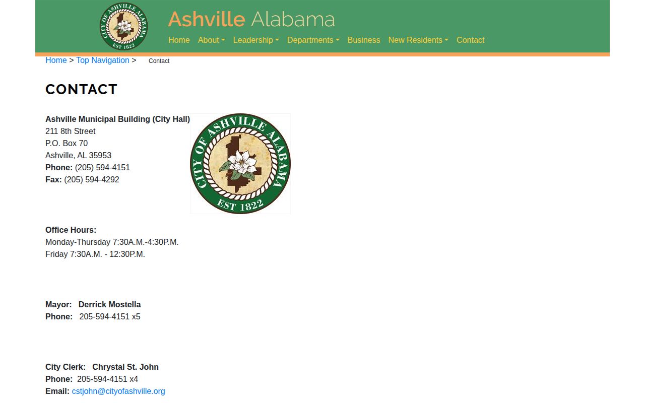Official City of Ashville contact page for municipal records routing