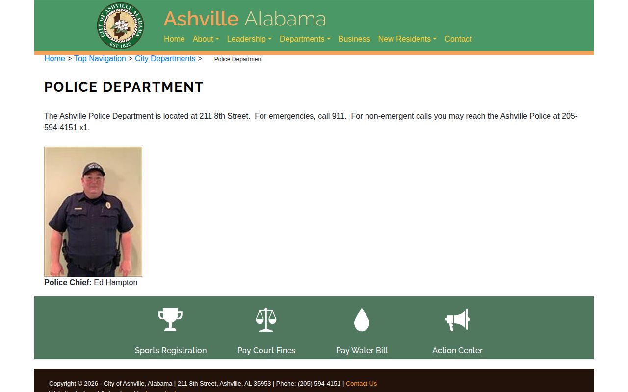 Official Ashville Police Department page with contact information
