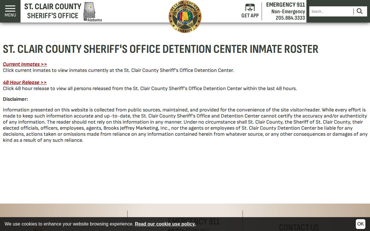 St. Clair County sheriff roster disclaimer with current inmate and 48 hour release choices