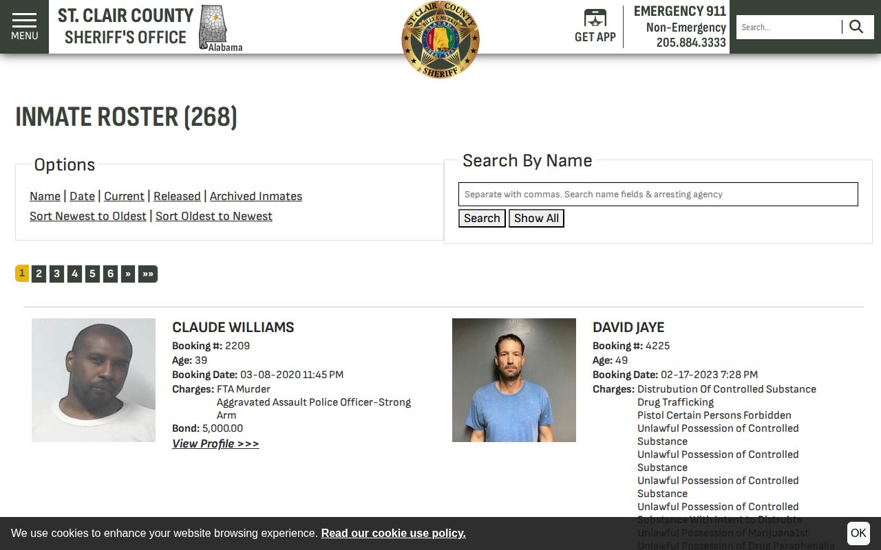 Official St. Clair County current inmate roster sorted by oldest booking time