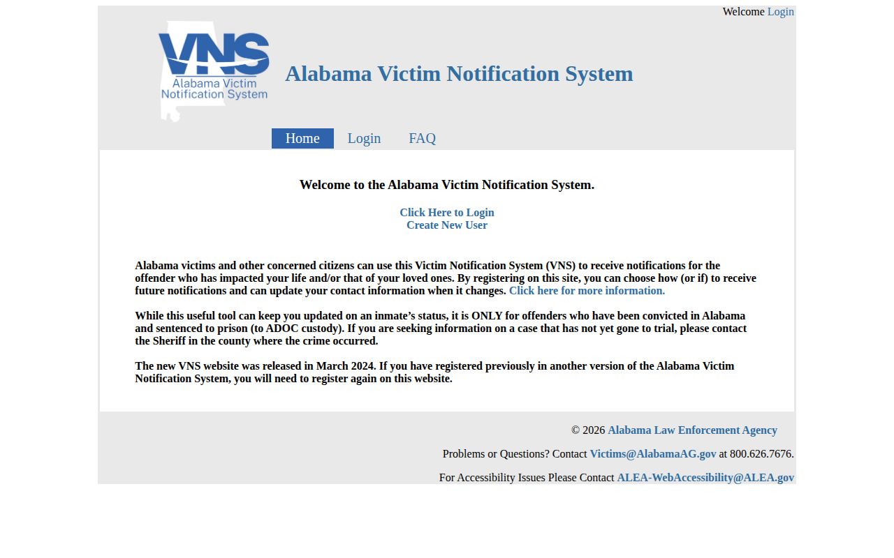 Alabama State Victim Notification Service guidance page